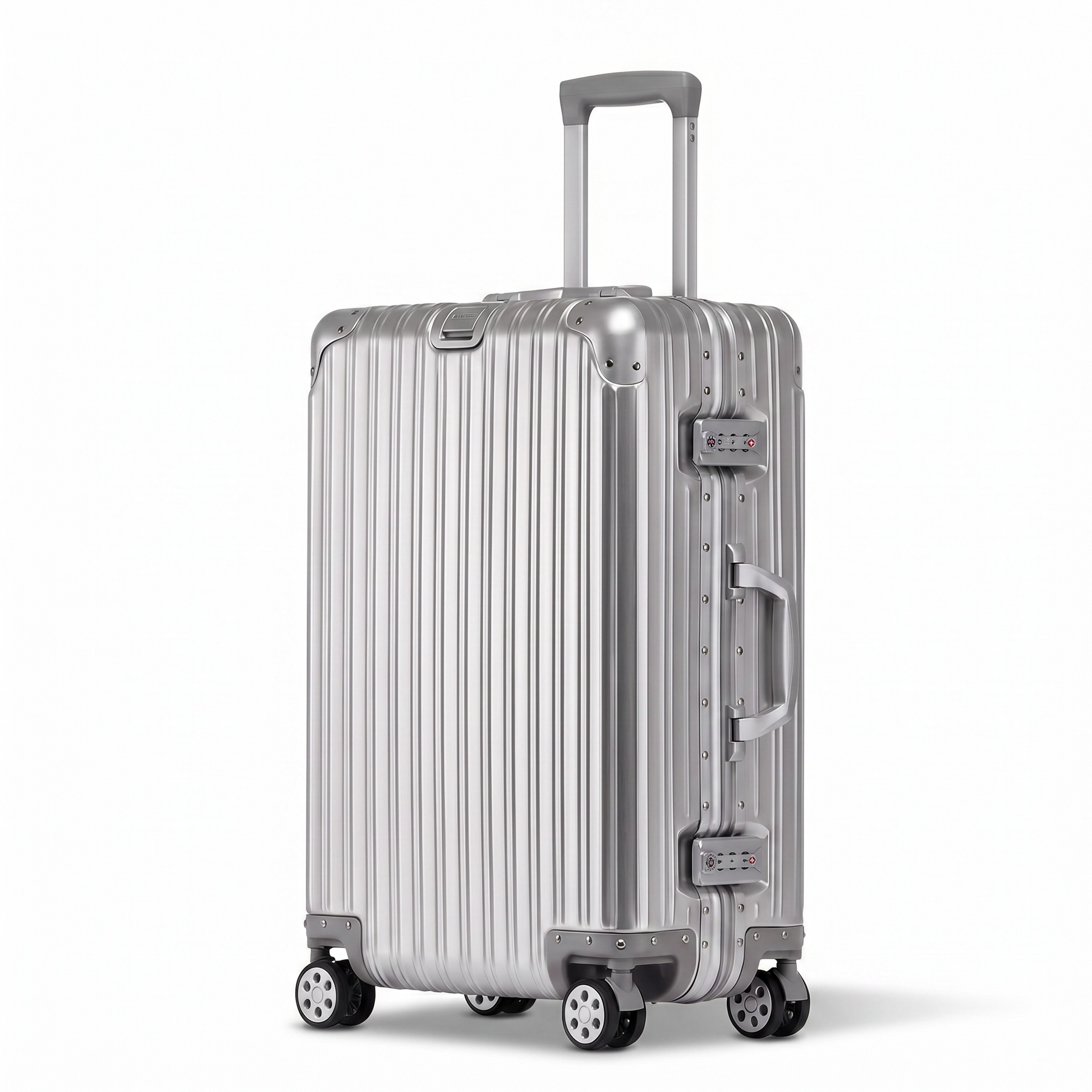 Silver suitcase with a striped pattern on a white background