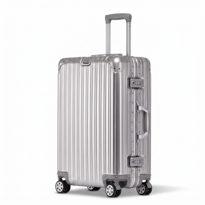 Silver suitcase with a striped pattern on a white background