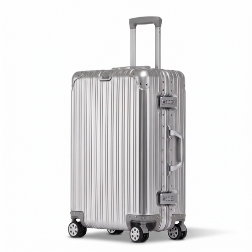 Silver suitcase with a striped pattern on a white background