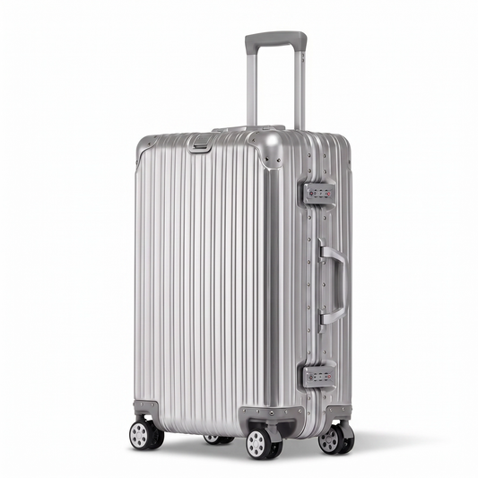 Silver suitcase with a striped pattern on a white background